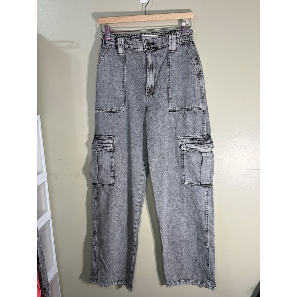 Garage Denim Grey Acid Wash High Rise Cargo Wide Leg Jeans Size 5 27